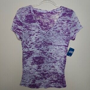 Reebok Women's Medium Purple White Semi Sheer Acid Wash Short Sleeve V-Neck Tee